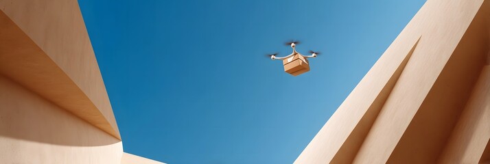 Drone delivering package against a clear blue sky innovative delivery system modern architecture in the background future of logistics and transportation contactless delivery service