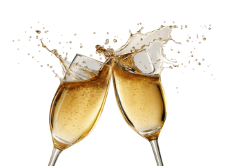 Two champagne flutes clinking with golden liquid and splashing isolated on a transparent background glasses