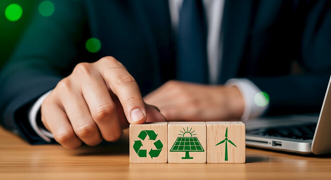 Businessman holding a wooden block with renewable energy symbols including recycling solar panel and wind turbine representing sustainable business and environmental responsibility - Powered by Adobe