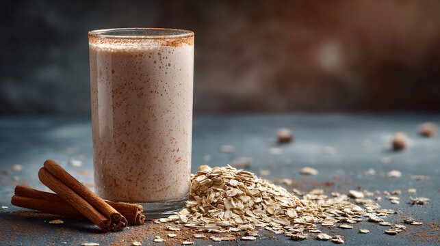 A milkshake beside scattered oats and cinnamon stick, natural composition
