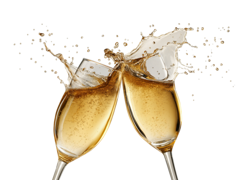 Two champagne flutes clinking with golden liquid and splashing isolated on a transparent background glasses