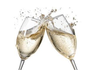 Two champagne flutes clinking with splashing bubbly liquid and airborne droplets isolated on a transparent background