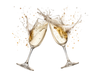 Two champagne flutes clinking with splashing golden liquid and bubbles isolated on a transparent background