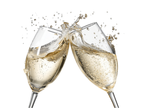 Two champagne flutes clinking with splashing bubbly liquid and airborne droplets isolated on a transparent background