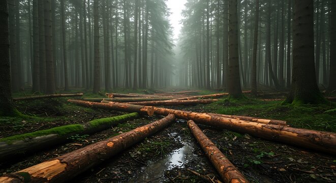 Misty Forest Landscape with Fallen Tree Trunks and Lush Greenery