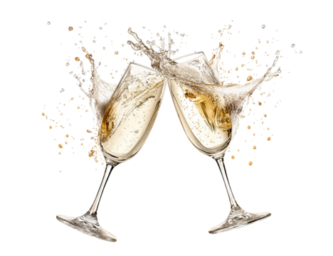 Two champagne flutes clinking with splashing golden liquid and bubbles isolated on a transparent background