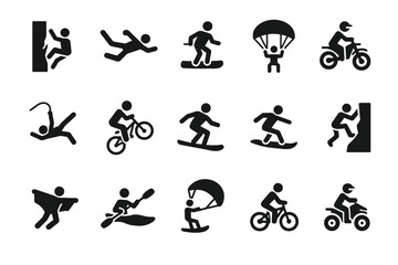 Adventure sports icons: parachute, snowboard, bicycle, skateboard, rock climb graphics