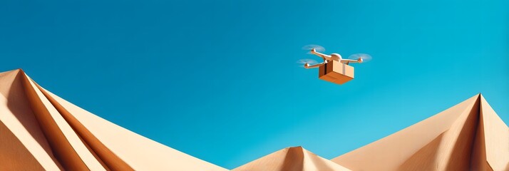 Drone Delivering Package over Abstract Desert Landscape Against a Clear Blue Sky Future of Delivery Services and Innovative Technology Concept with Modern Automated Systems for Logistics Efficiency
