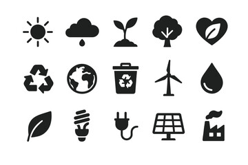 Environmentally friendly icons: recycling, renewable energy, and nature symbols