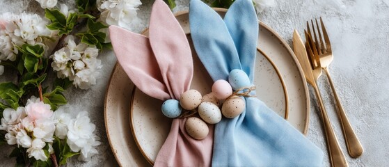 Elegant easter table setting featuring bunny-shaped napkins and decorative eggs on a minimalist grey background with golden cutlery