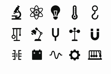 Science and technology icons: microscope, atom, lightbulb, thermometer, magnet