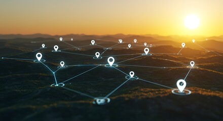 Network of location markers connecting over hills at scenic sunset digital