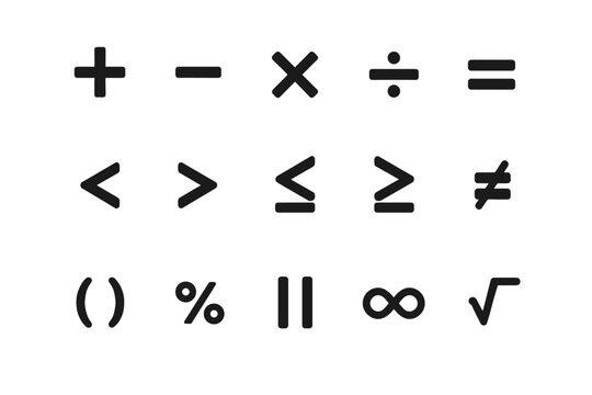 Mathematical symbols: addition, subtraction, division, multiplication, and more