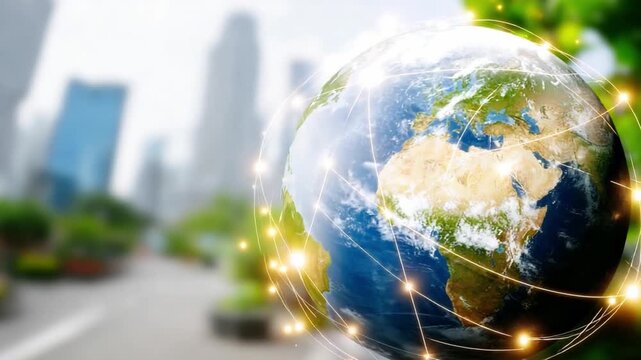 Global Network: A radiant globe, interconnected by shimmering lines of data, floats against the backdrop of an urban landscape, symbolizing worldwide connectivity and the exchange of ideas.