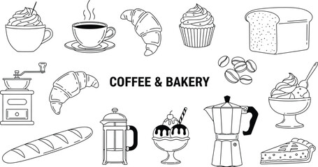 Hand drawn coffee and bakery items illustration sketch design