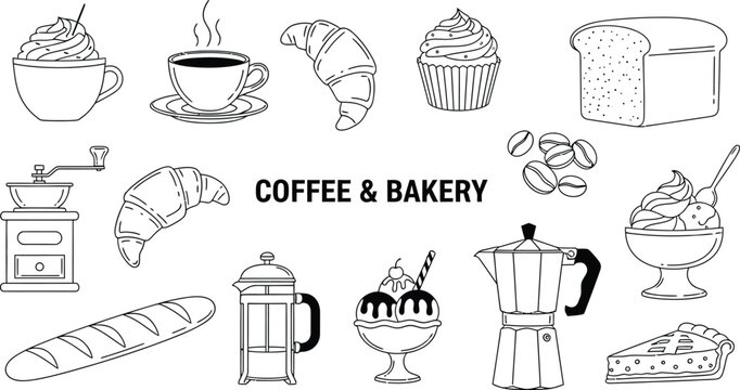 Hand drawn coffee and bakery items illustration sketch design