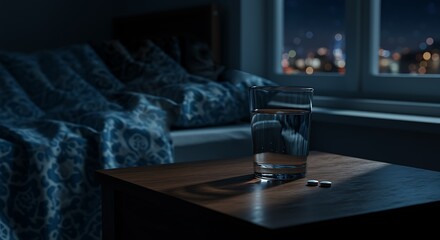 Pills and Water on Nightstand in Dark Bedroom Before Sleep
