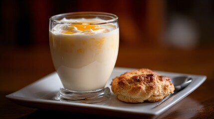 A peach milkshake and biscuit on matte plate, warm soft lighting