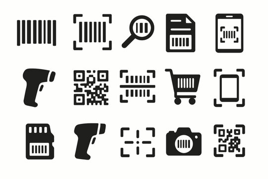 Barcode and qr code scanning icons collection: magnifier, cart, camera, devices