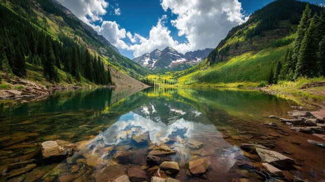 Majestic mountain peaks and lush slopes surround a clear, reflective alpine lake under a partly cloudy sky