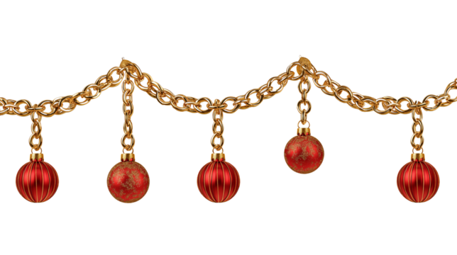 Five red ribbed Christmas baubles hanging from a thick gold chain isolated on a transparent background