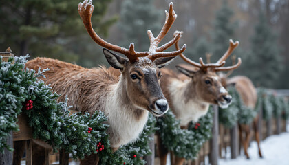 Reindeer with Christmas Decorations in Snow