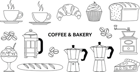 Hand drawn coffee and bakery items collection in black and white