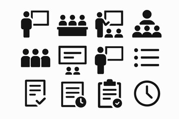Business presentation icons: meetings, charts, and documents