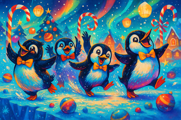 Joyful cartoon penguins dancing in a magical winter wonderland