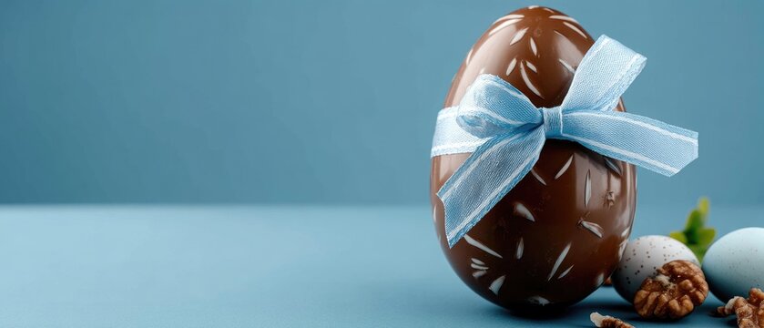 Delicious chocolate easter egg with a light blue ribbon on a solid background ready for celebration and gifting during easter festivities