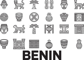 Benin line icons set african traditional culture masks animals and tribal symbols vector