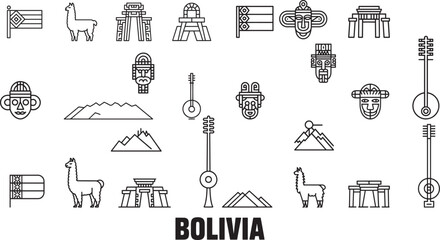 Bolivia line icons set llama flag mask mountains andean region symbols collection vector