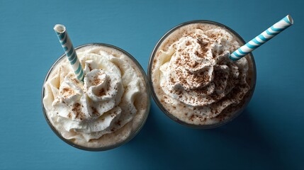 Fototapeta premium A top-down of two milkshakes with straw cross pattern, geometric aesthetic