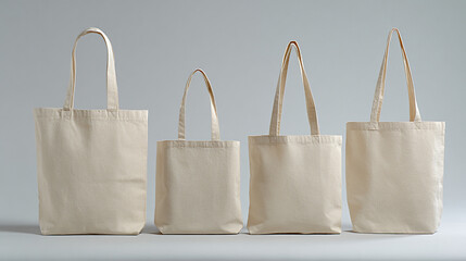 Four canvas tote bags of varying sizes displayed against a neutral background, showcasing versatility and eco-friendly design for shopping and everyday use