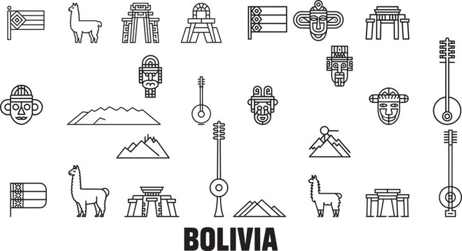 Bolivia line icons set llama flag mask mountains andean region symbols collection vector