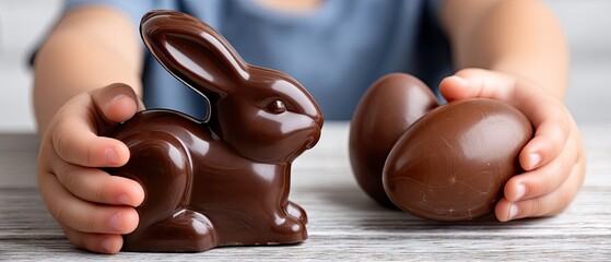 Child enjoys Easter celebration with chocolate bunny and colorful Easter egg on a festive table