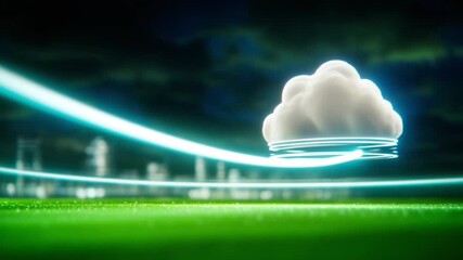 Cloud Computing Illustration: A luminous cloud hovers serenely above a meticulously manicured lawn, its presence underscored by glowing digital pathways.