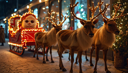 Sleigh with Reindeer and Christmas Lights