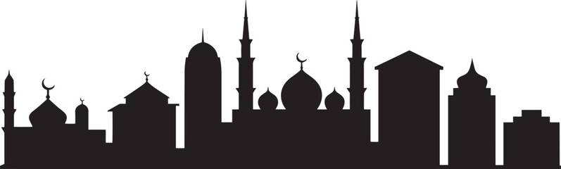 Detailed islamic cityscape silhouette vector illustration featuring numerous domes minarets towers and traditional buildings backdrop.