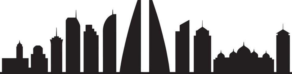 Futuristic middle eastern city skyline silhouette vector featuring sharp modern skyscrapers towers and traditional small domes.