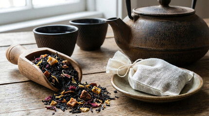 Dried Herbal Fruit Tea Blend with Black Tea, Teapot, Cups and Linen Tea Bag on Wooden Table