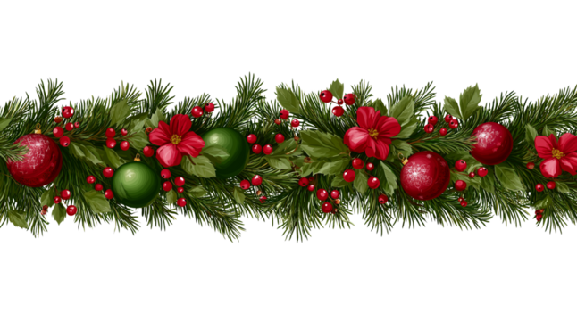 Christmas garland with pine branches red poinsettias green and red baubles and berries isolated on a transparent background
