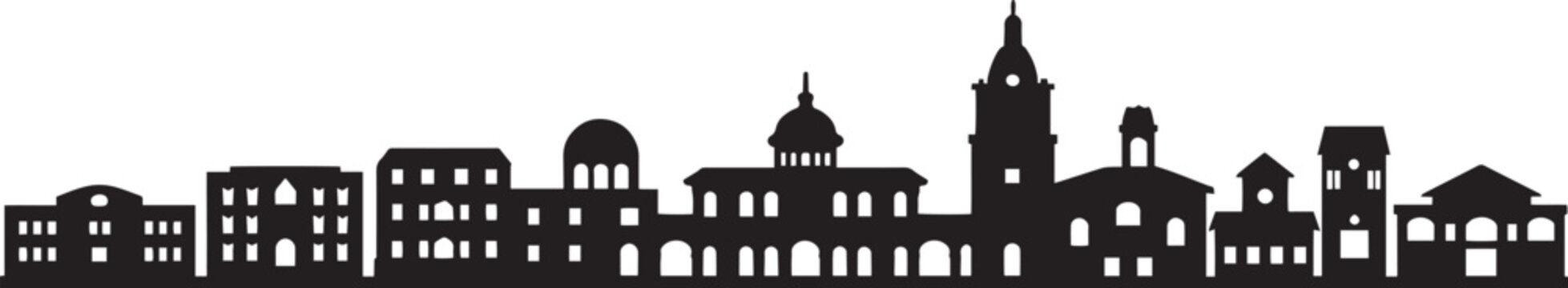 Historic city skyline silhouette with classical buildings domes and prominent clock towers