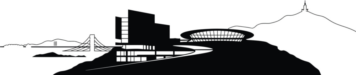 Modern abstract cityscape silhouette with unique buildings bridge and mountain landscape vector