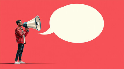 Man with Megaphone and Speech Bubble on a Red Background.