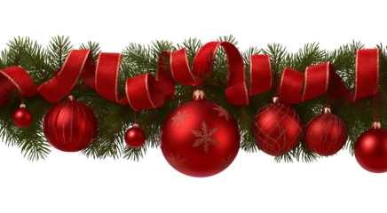Festive red Christmas ornaments and ribbon draped on green pine branches isolated on a transparent background