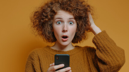 Astonished Woman Reacting to News on Her Smartphone Against Yellow Backdrop