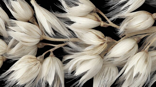 Delicate white dried seed pods with flowing filaments are arranged closely against a dark background