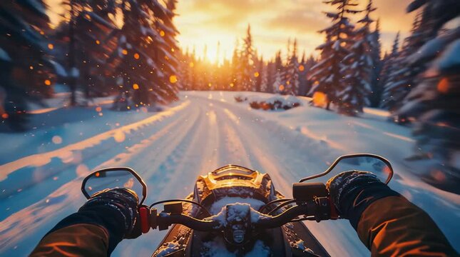 A first-person view of a man driving a snowmobile on a snow-covered forest road at sunset in a winter forest with bright golden lighting.	
