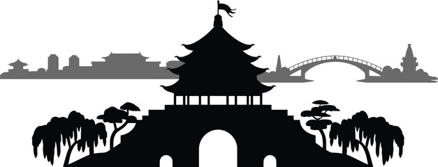 Traditional asian tiered pagoda silhouette over arched gateway with distant bridge and skyline